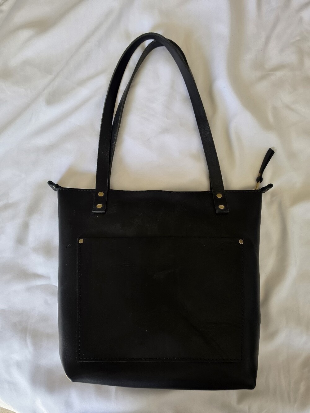 Portland Leather Small Zipper Tote - Black Smooth Leather With Black Handles